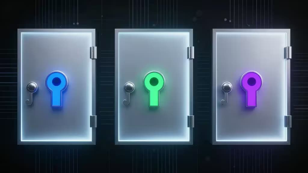 Three metallic vault doors with glowing blue, green, and purple keyholes stand side-by-side against a dark digital background.