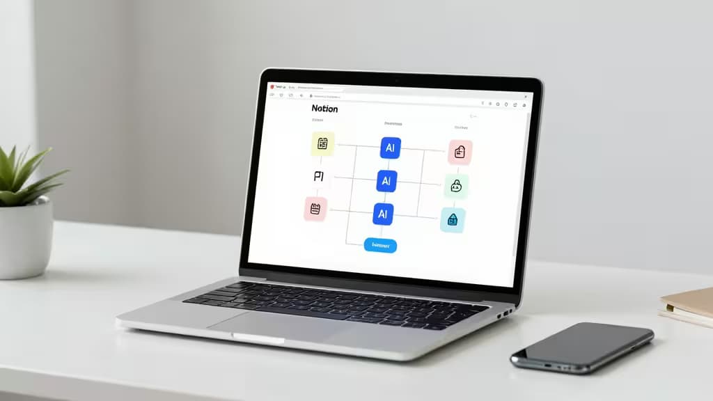 Laptop toont Notion AI-workflowdiagram, naast succulent en smartphone op minimalistisch bureau.