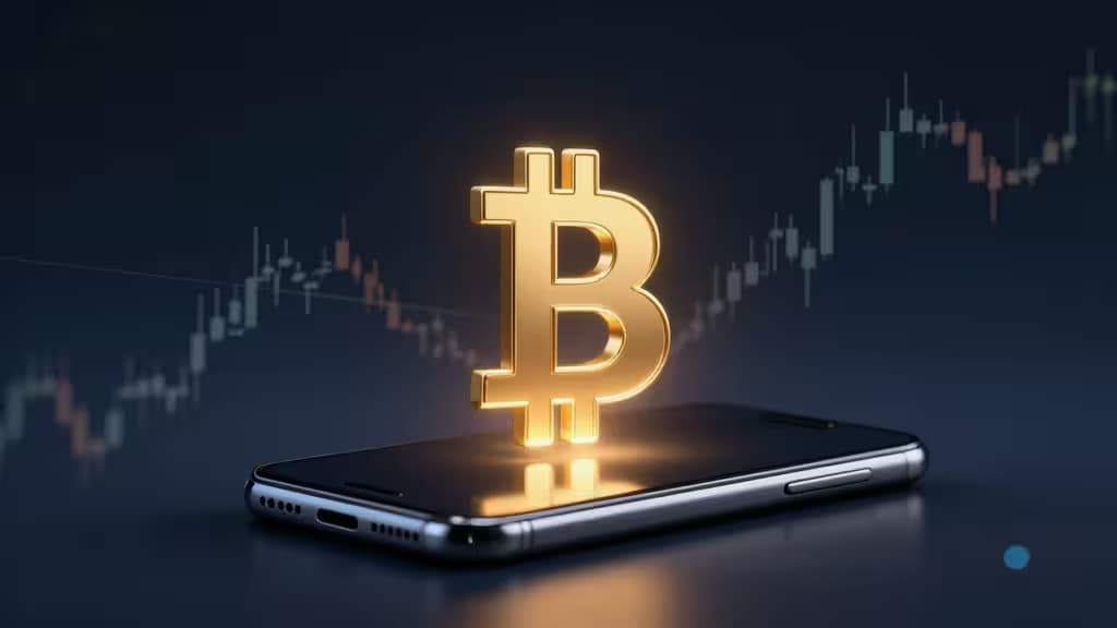 A glowing gold Bitcoin symbol hovers above a sleek smartphone, set against a rising candlestick chart background.