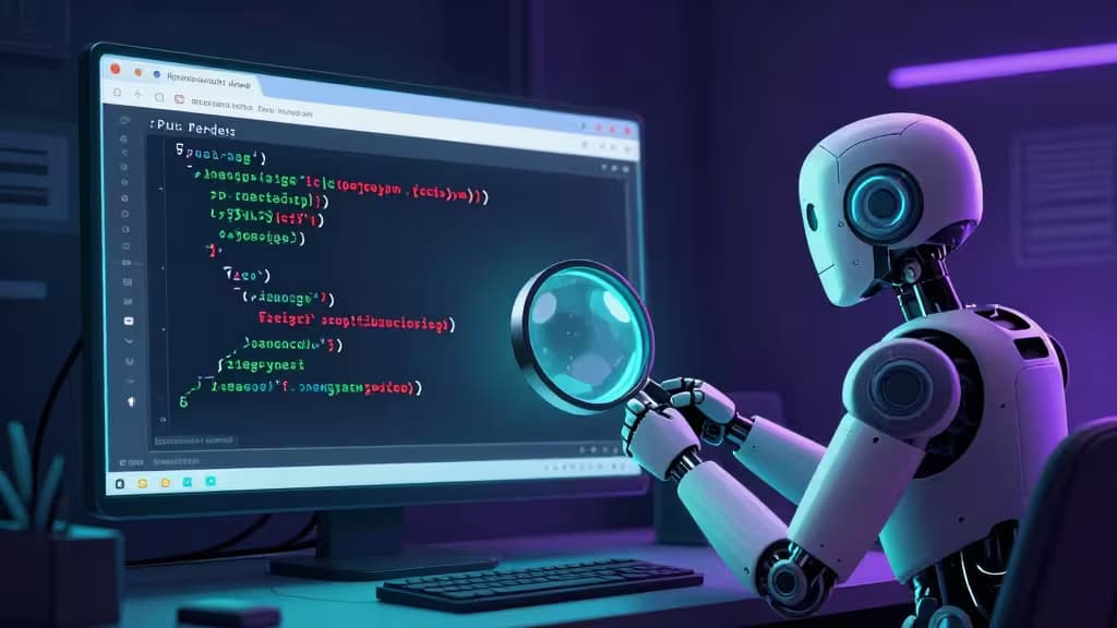 Un robot bianco con occhi blu luminosi tiene una lente d'ingrandimento, ispezionando codice su un monitor in un workspace scuro illuminato al neon.