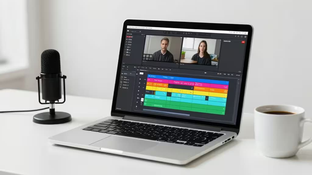 Laptop zeigt KI-Untertitel-Software mit Videofeeds, Mikrofon und Kaffeetasse auf dem Schreibtisch.