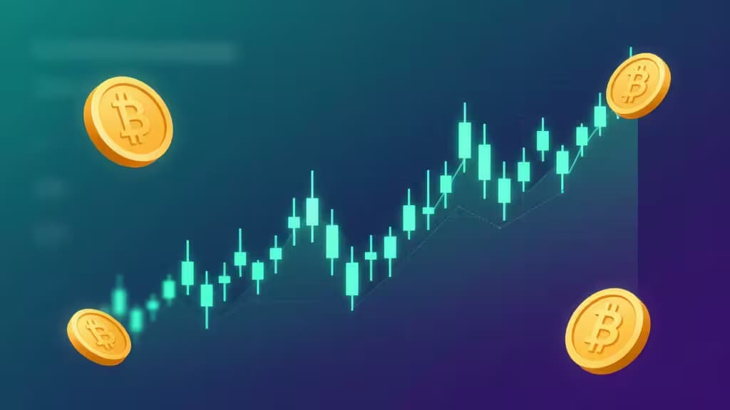 Abstract illustration of a cryptocurrency trading dashboard with glowing candlestick charts and golden coins on a dark teal-to-purple gradient background.