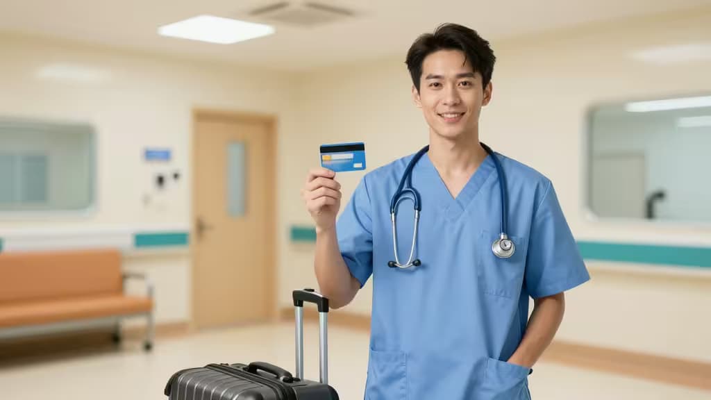 A smiling nurse in blue scrubs holds a credit card, stethoscope around neck, suitcase nearby in hospital hallway.