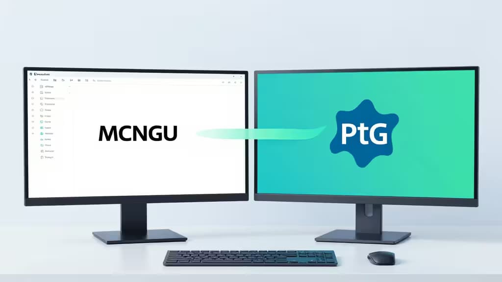 Dual monitors display MongoDB and PostgreSQL logos, symbolizing affordable database migration tools.