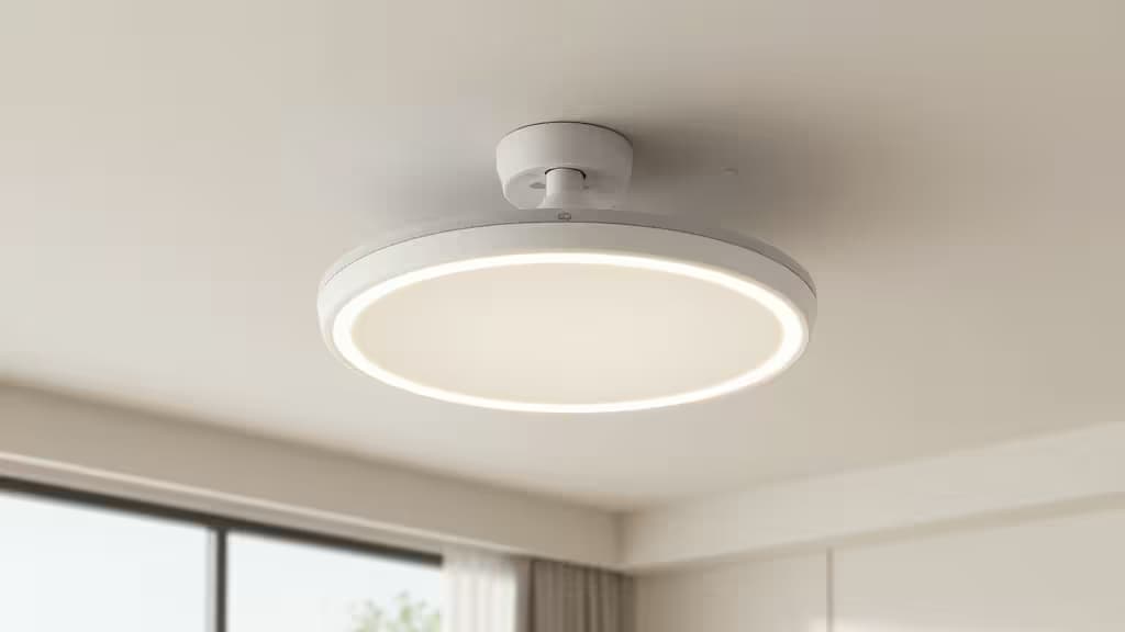 Moderner Smart-Deckenventilator mit integriertem LED-Lichtring in einem hellen, zeitgenössischen Wohnraum