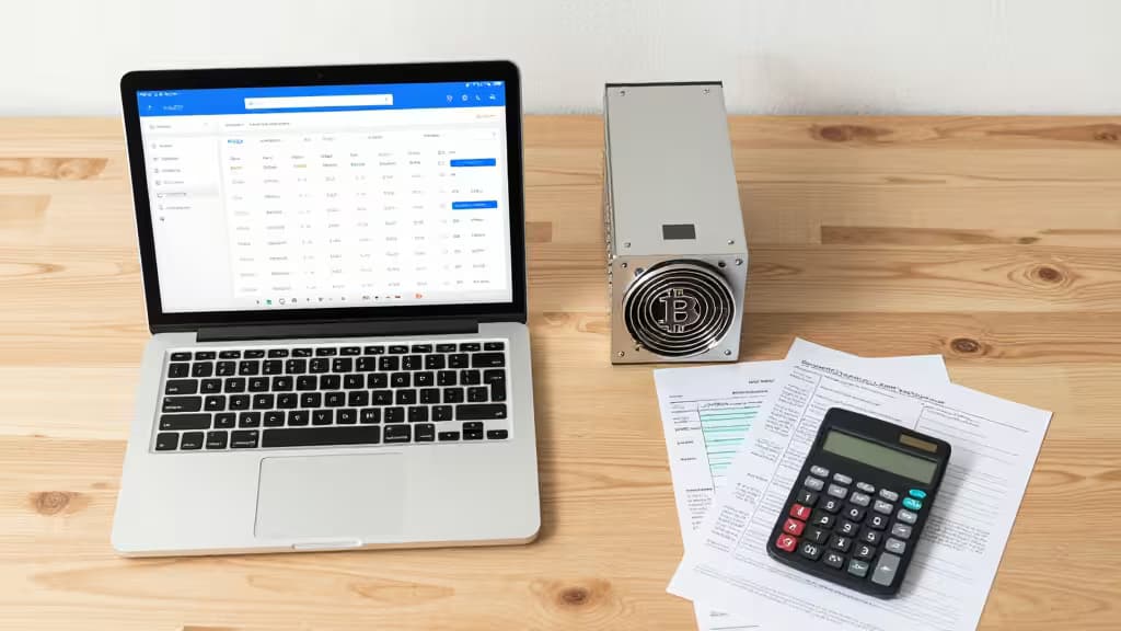 Laptop displays crypto tax software beside mining hardware, calculator, and French documents on wood desk.