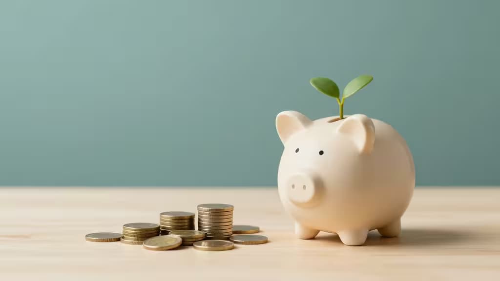 Composition abstraite représentant la finance associative : tirelire, pièces de monnaie et jeune plante en croissance sur un bureau éclairé d'une lumière douce