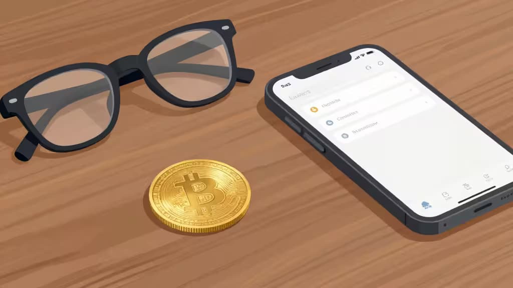 Unas gafas de lectura negras, una moneda de oro de Bitcoin y un smartphone con una app de cripto sobre un escritorio de madera.