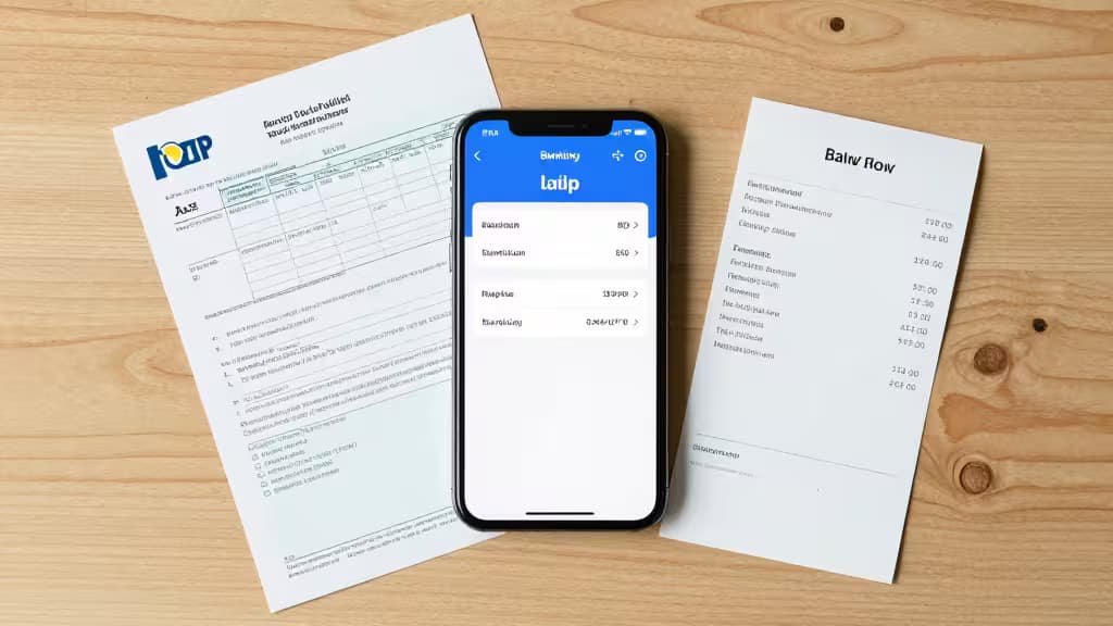 Smartphone displays banking app interface beside printed tax documents on wooden surface.