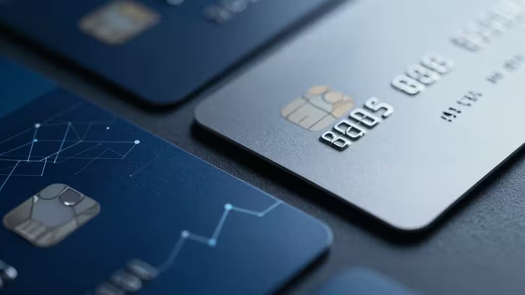 Sleek metallic and dark blue corporate credit cards with embedded chips, arranged diagonally on a textured surface.