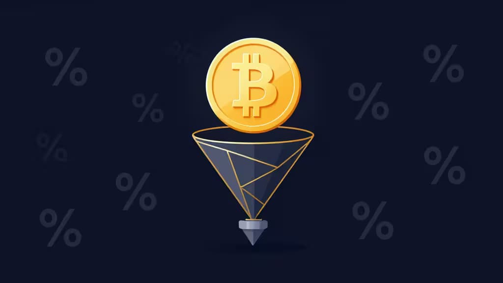 A golden Bitcoin coin descends through a geometric wireframe funnel against a dark background, symbolizing reduced transaction fees.