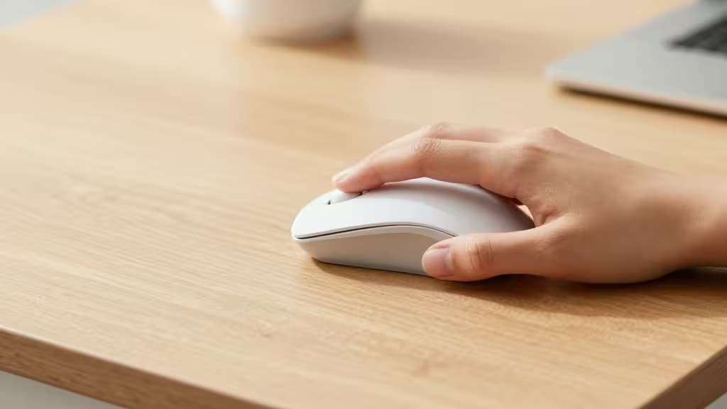 A hand grips a sleek white wireless mouse on a light wood desk, showcasing ergonomic design.
