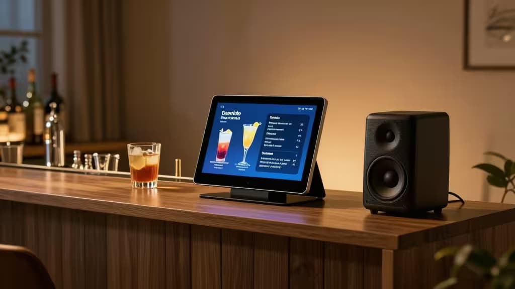 Een tablet met cocktailrecepten staat naast een glas whiskey op een houten thuisbar-aanrecht.