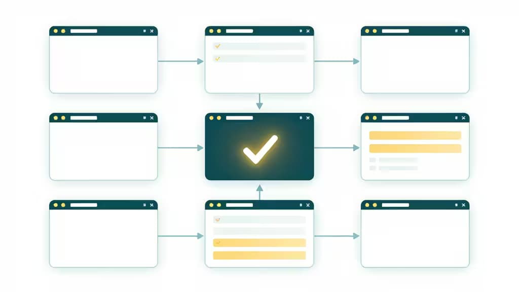 Neun Browser-Fenster fließen auf ein zentrales leuchtendes Häkchen zu und symbolisieren den Erfolg automatisierter Tests über mehrere Plattformen hinweg.