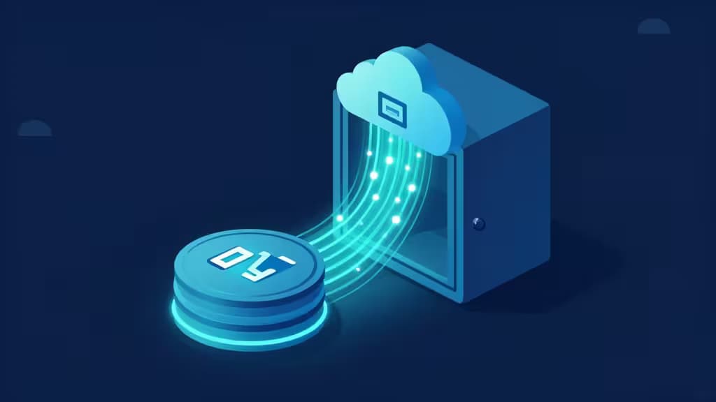 Isometric illustration of glowing data streams flowing from a cloud server to stacked database disks.
