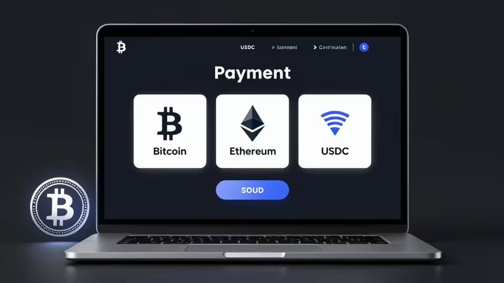 Laptop displays crypto payment options with Bitcoin, Ethereum, and USDC icons on screen.