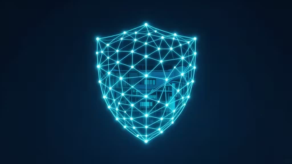 Glowing blue wireframe shield overlays a building, symbolizing secure, mesh-based VPN protection for small business networks.