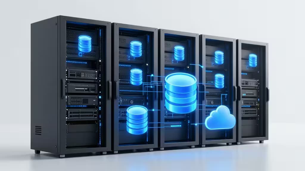 Vijf zwarte serverracks met blauwe database-iconen en cloud-synchronisatielijnen.