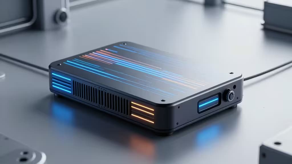 Dispositivo edge negro con LED azules y naranjas sobre superficie metálica, representando infraestructura de edge computing.