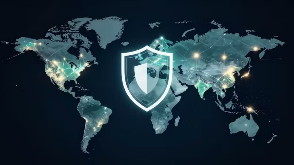 Abstract world map with glowing teal network nodes across multiple countries and a shield icon, on a dark navy background.