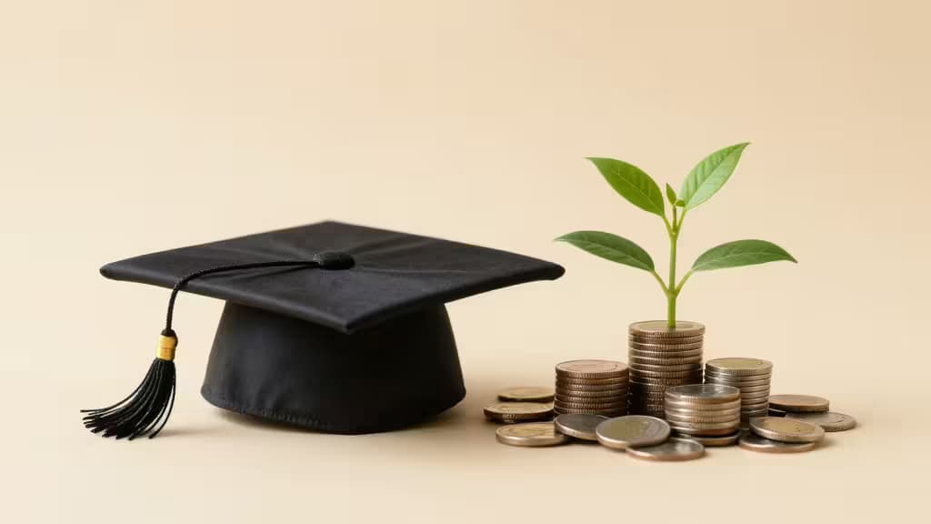 A graduation cap resting on stacked coins with a growing money plant, symbolizing college savings growth