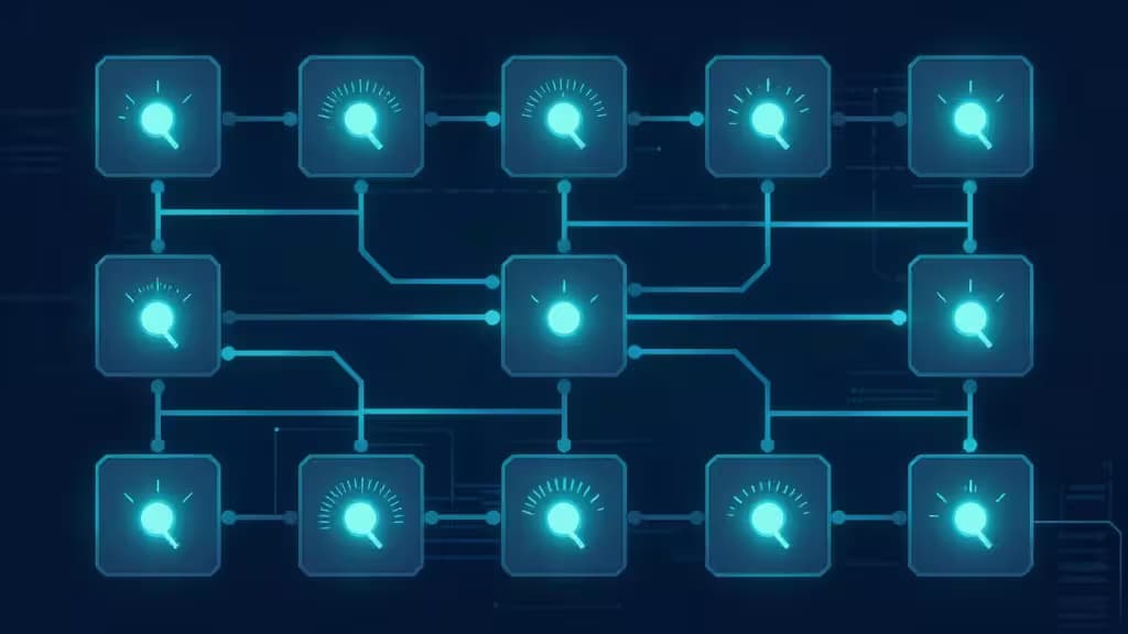Glowing blue magnifying glass icons connect via circuit lines on dark background, symbolizing affordable feature flag management tools for dev teams.