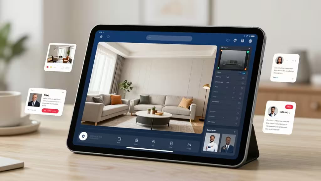 A tablet displays a virtual staging interface with floating AI tool panels, illustrating real estate marketing automation.