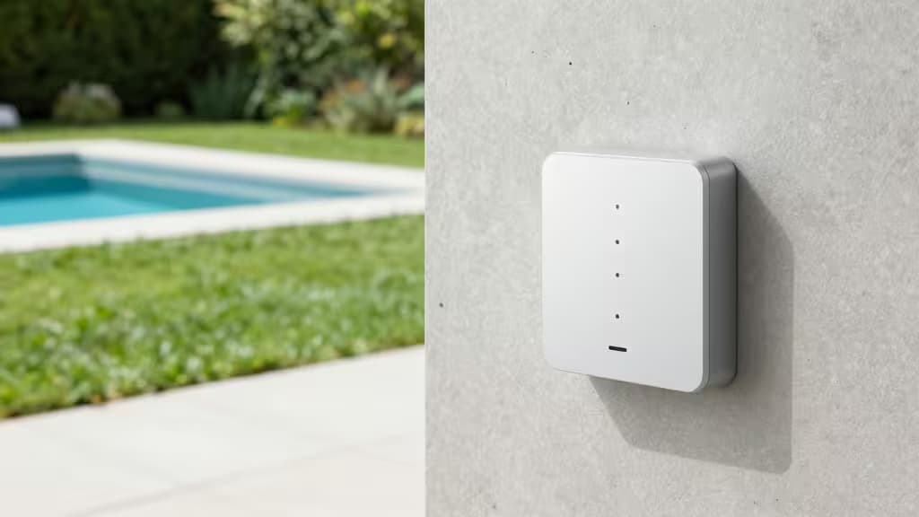 Een strakke witte slimme irrigatiecontroller gemonteerd op een betonnen muur, met een modern zwembad en weelderige tuin op de achtergrond.