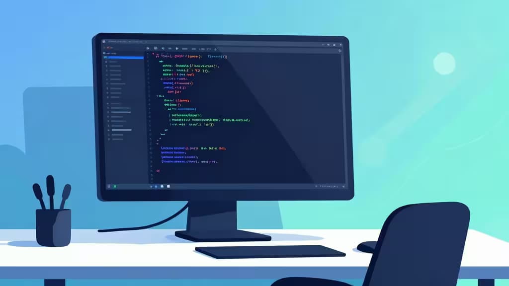 Abstract illustration of a developer's dark-themed code editor with glowing AI suggestion lines, minimalist desk setup with soft blue and teal gradient lighting