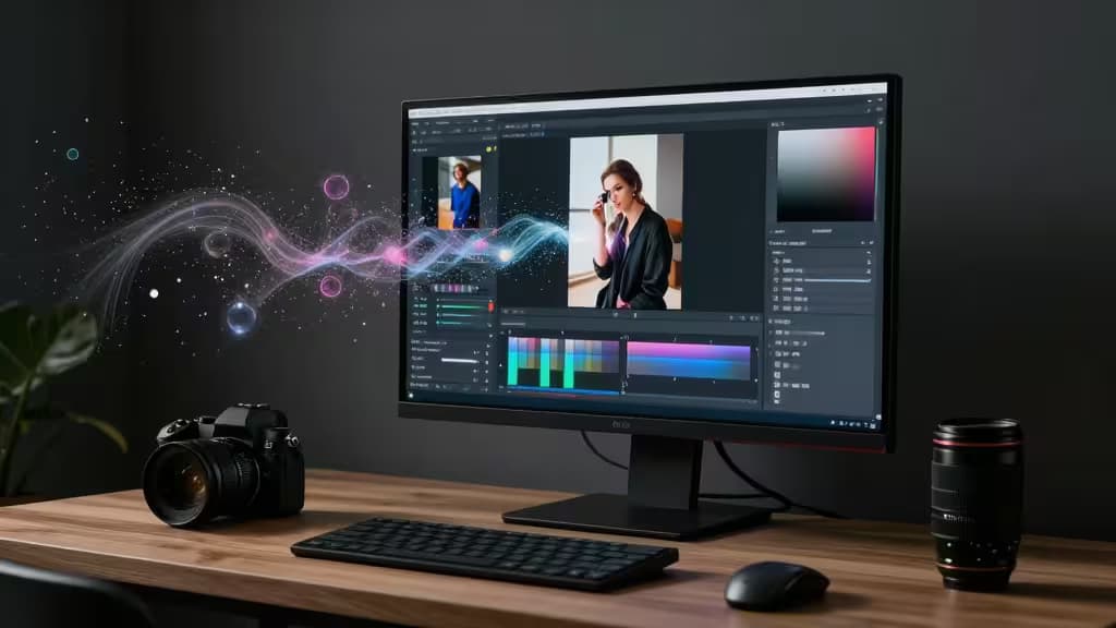Een donkere fotostudio met een groot beeldscherm waarop AI-fotobewerking wordt getoond, met een camera en lens op het bureau en digitale deeltjes die van het scherm vloeien.