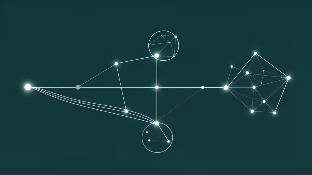 Glowing white nodes and lines form an abstract data pipeline on a dark teal background.