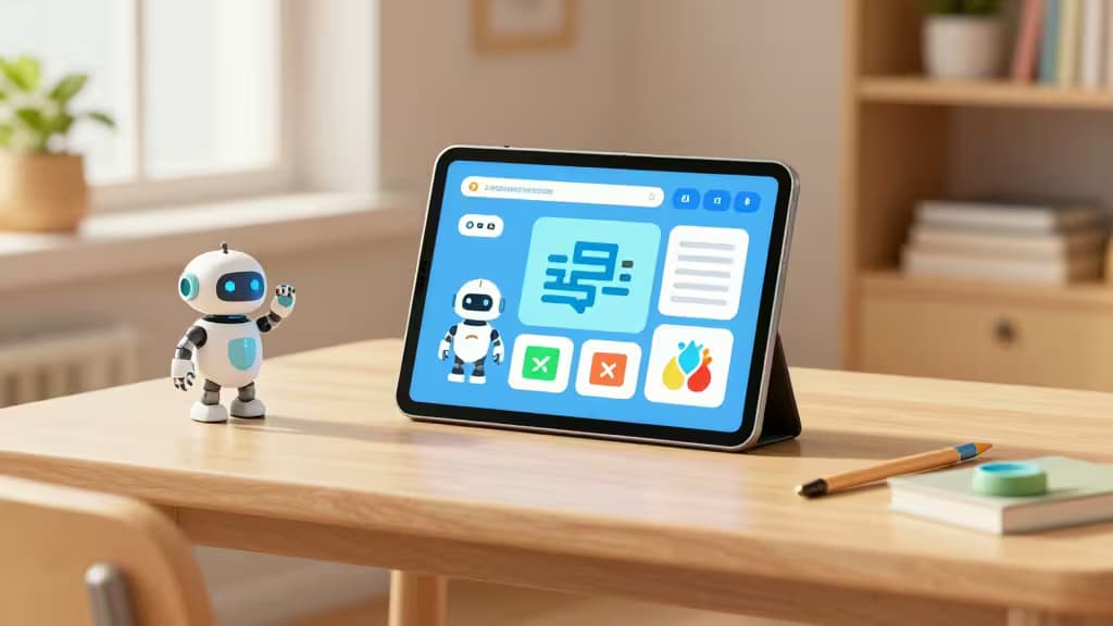 Ein kleiner Spielzeugroboter steht neben einem Tablet, das eine KI-Lern-App-Oberfläche auf einem Holzschreibtisch zeigt.
