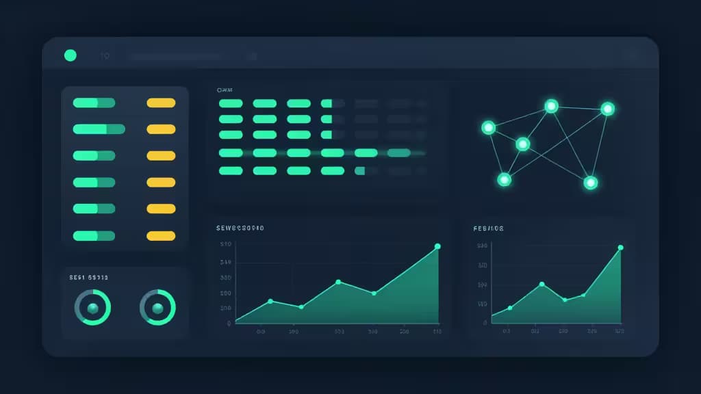 Dark dashboard displays glowing green uptime graphs, status bars, and network nodes for DevOps monitoring.
