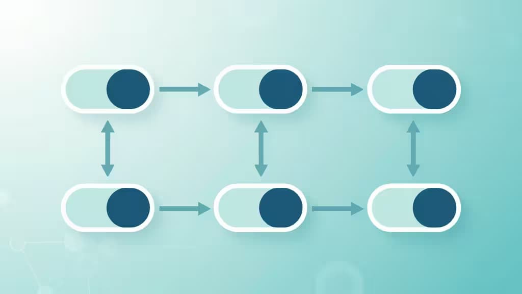Abstracte illustratie van feature flag toggles en een deployment pipeline met geometrische schakelaars en netwerkknooppunten in blauwe en turquoise tinten