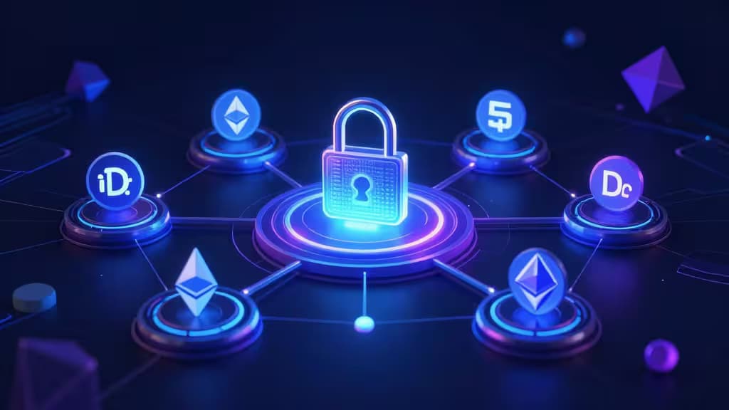 Un cadenas lumineux relie des symboles Ethereum et DeFi sur un réseau numérique bleu et futuriste.