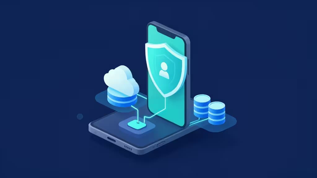 Abstract illustration of a smartphone connected by glowing data streams to cloud database, authentication shield, and storage nodes in deep blue and teal.