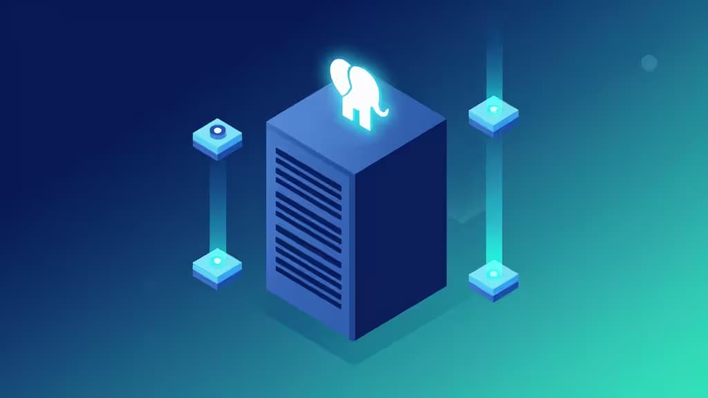 Glowing PostgreSQL elephant icon atop a server rack, flanked by floating data nodes on a blue-green gradient background.
