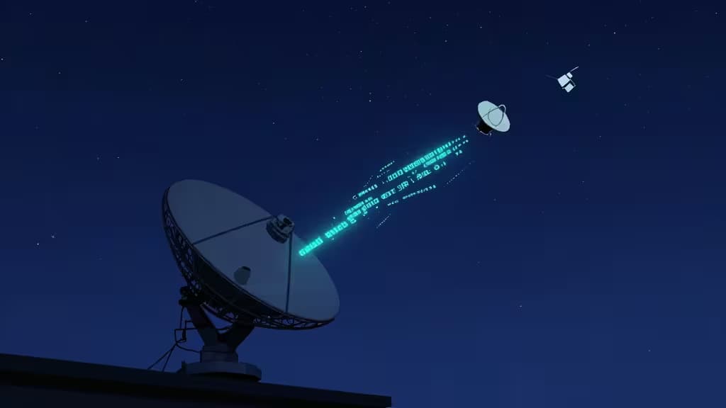 Een satellietschotel op een dak onder een sterrenhemel, met een versleutelde gegevensstroom die omhoog stroomt naar satellieten in een baan om de aarde.