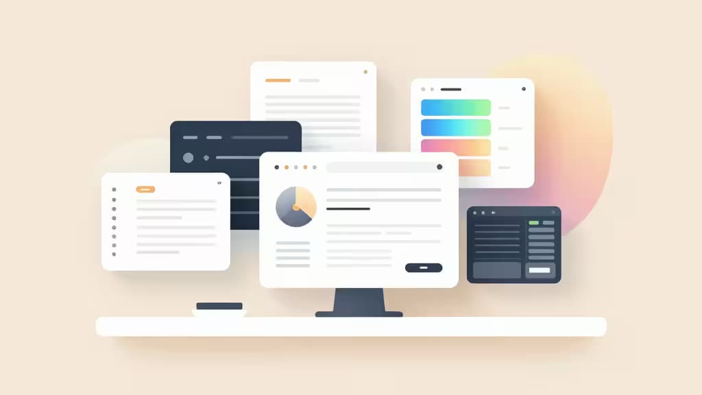 Floating UI panels hover above a minimalist desk, showcasing abstract design tools for 2026 UX and product designers.
