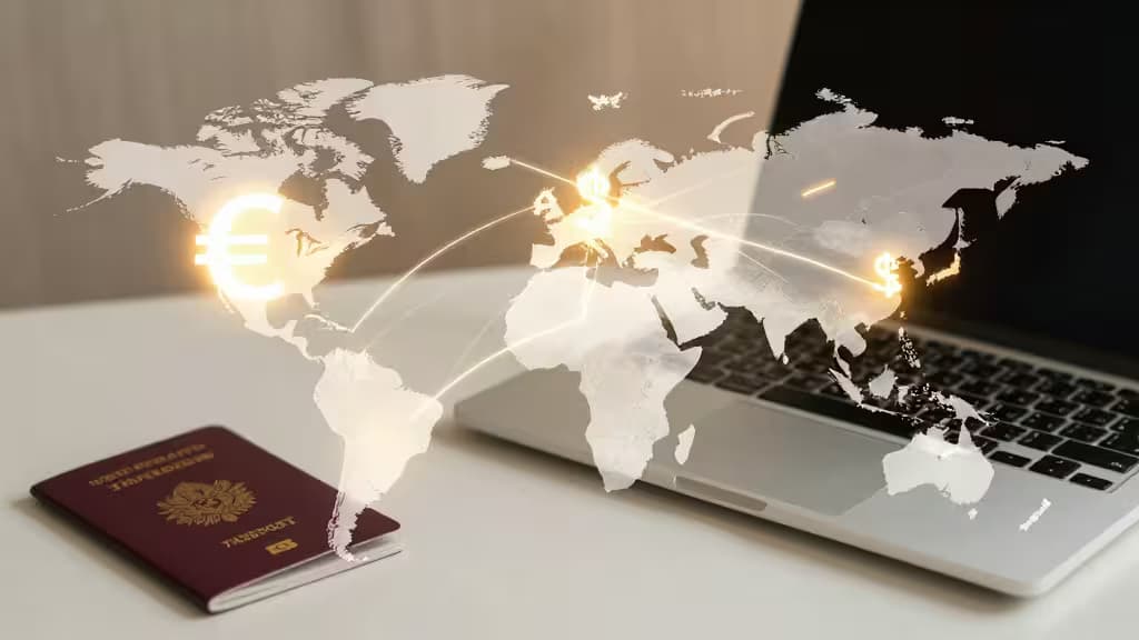 Glowing currency symbols connect across a translucent world map hovering above a passport and laptop on a white desk.