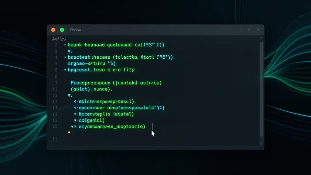 A sleek code editor window displays colorful syntax-highlighted text against a dark background with flowing green lines.