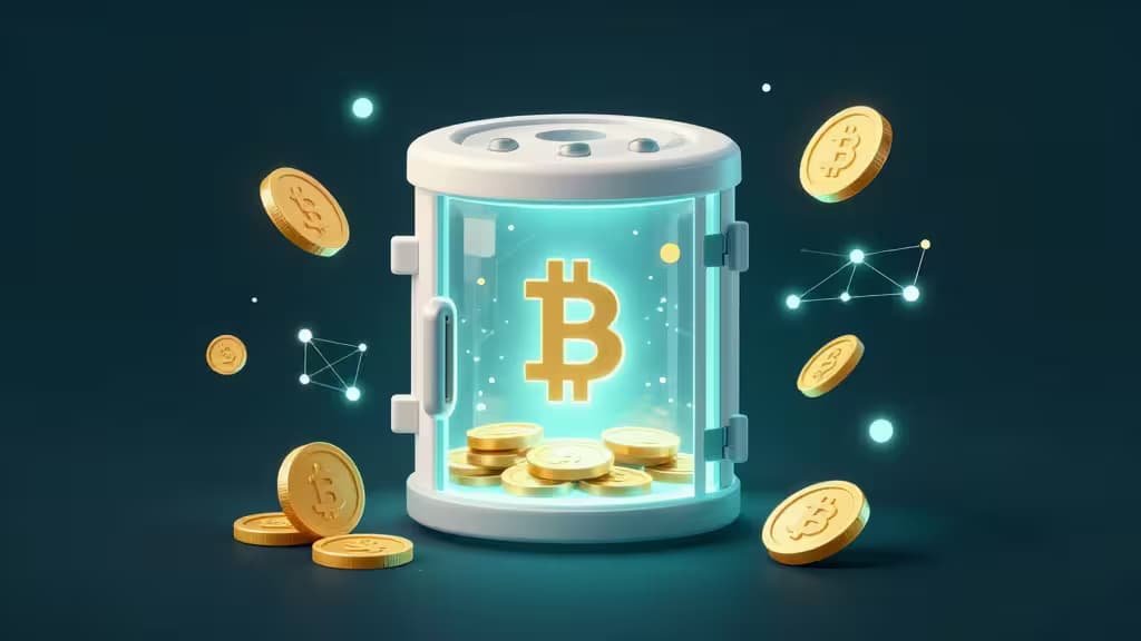Glowing glass vault holds golden Bitcoin coins, surrounded by floating crypto tokens and glowing blockchain nodes against a dark teal background.