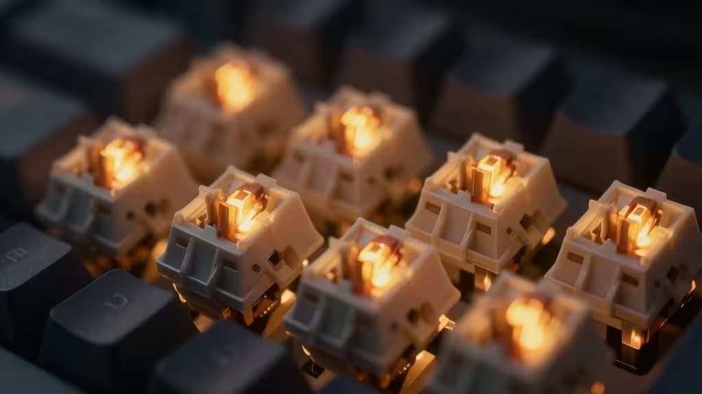 Warm backlight glows through exposed white mechanical switches, highlighting tactile design for budget keyboards.