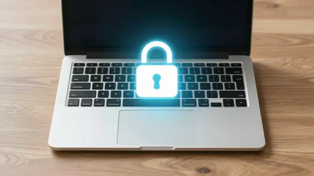 Silver laptop on wood desk displays glowing blue digital lock icon over keyboard.