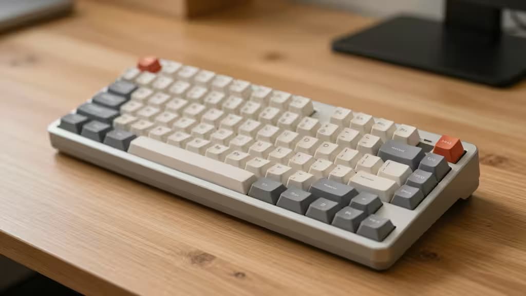 A compact 60% mechanical keyboard with low-profile switches resting on a warm wooden desk in soft lighting.