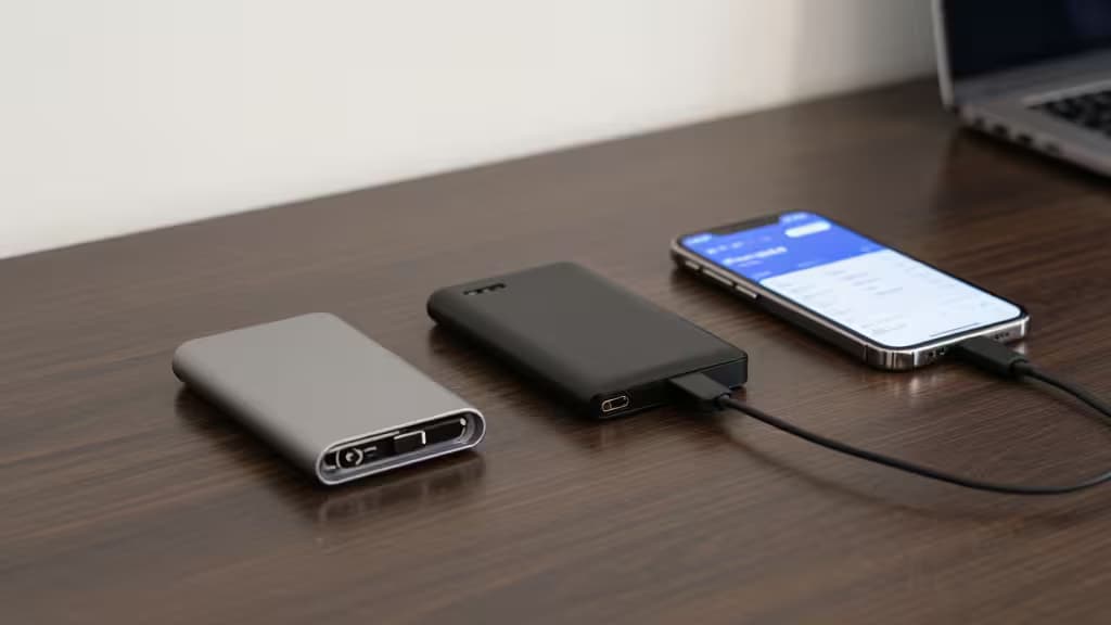 Deux hardware wallets élégants et un smartphone sur une table en bois, connectés via USB-C, éclairage tamisé.