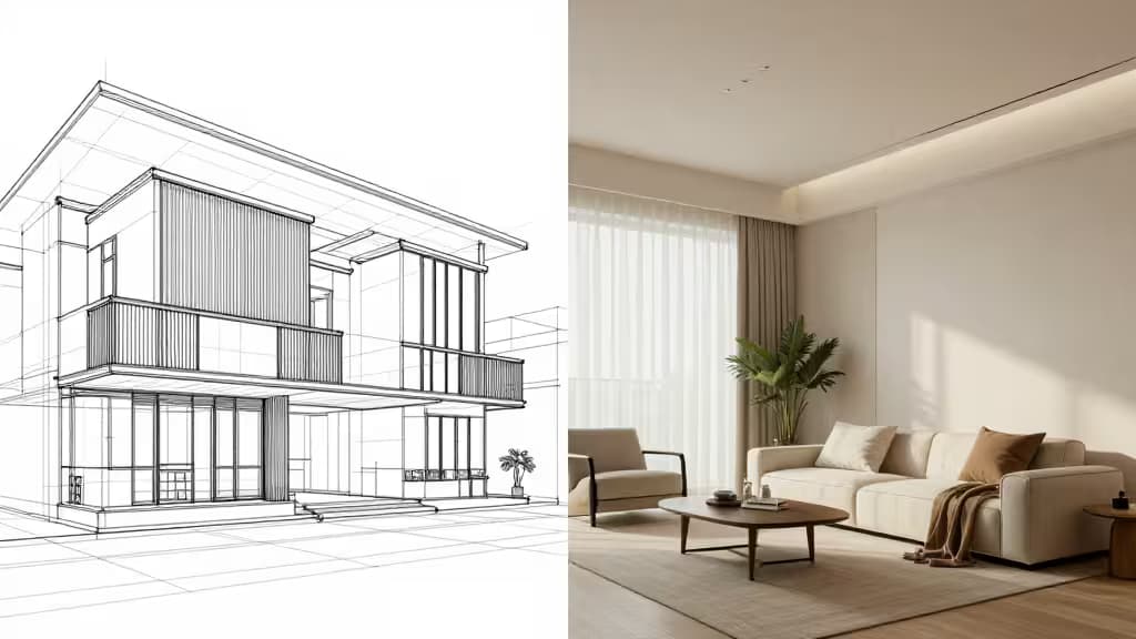 Abstract architectural visualization showing the transition from a wireframe BIM model to a photorealistic AI-generated interior render with soft natural lighting