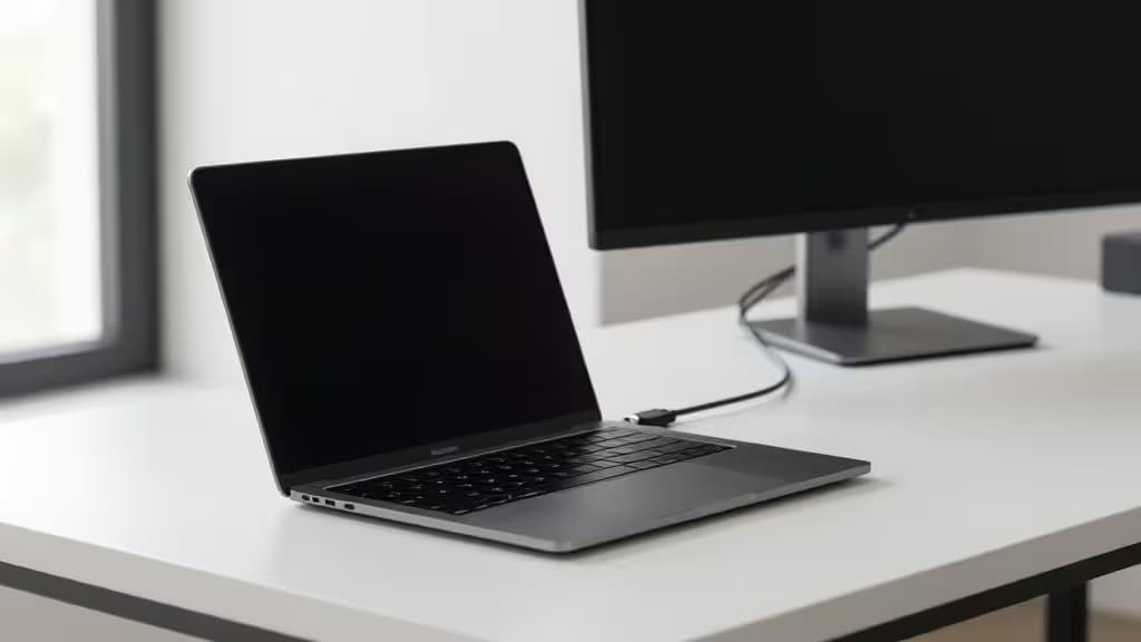 A MacBook Air laptop on a minimalist desk connected to a modern 4K monitor via a single USB-C cable, with soft natural lighting in an editorial product photography style.