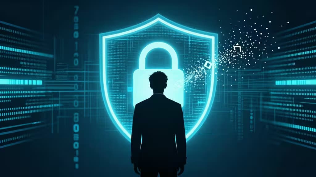 Un uomo osserva uno scudo digitale luminoso, simbolo di sicurezza e anonimato nelle migliori VPN senza KYC.