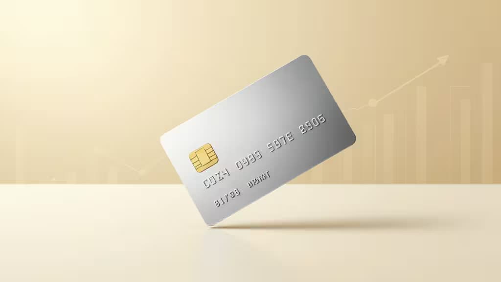 Серебристая кредитная карта парит над бежевой поверхностью, виден золотой чип, на размытом фоне — восходящий график.